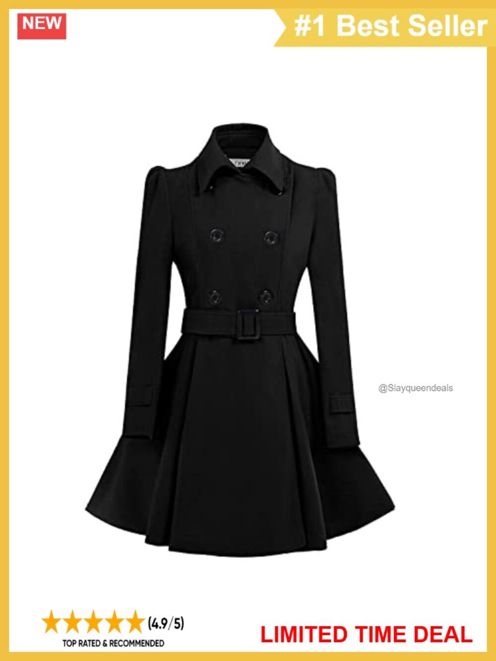 Women's Wool Blend Pea Coat Double-Breasted Swing A-Line Belted